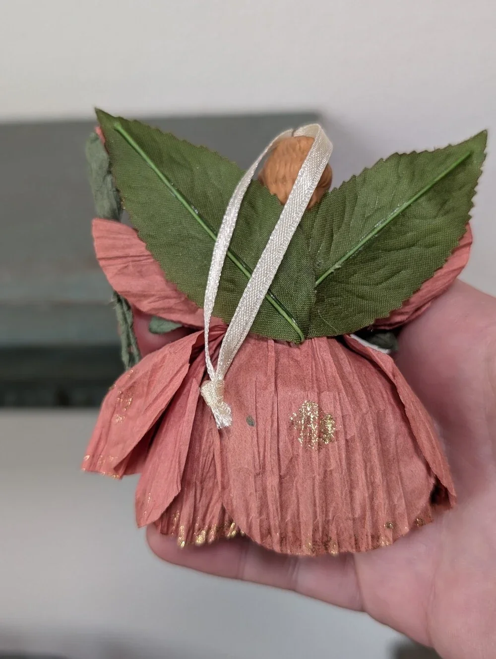 Set of 3 Flower Fairy Doll Ornaments Paper-Crepe Wings Cottagecore Cotton Body